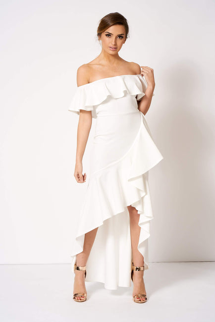 White Bardot Asymmetric Frill Maxi Dress [product_collection] - Club L London ClubL