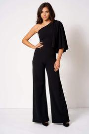 Black One Shouldered Cape Sleeve Jumpsuit [product_collection] - Club L London ClubL