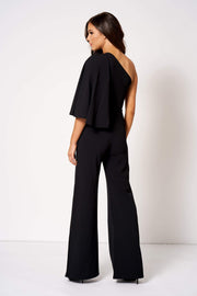 Black One Shouldered Cape Sleeve Jumpsuit [product_collection] - Club L London ClubL