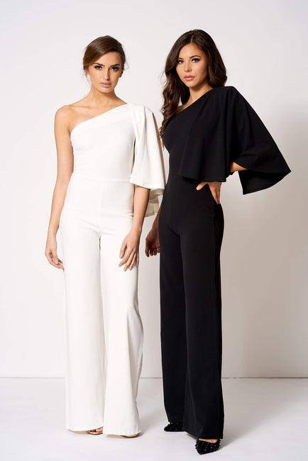 Black One Shouldered Cape Sleeve Jumpsuit [product_collection] - Club L London ClubL