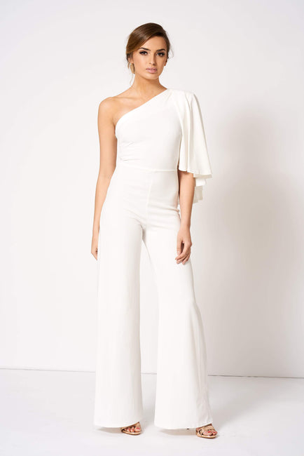White One Shouldered Cape Sleeve Jumpsuit [product_collection] - Club L London ClubL