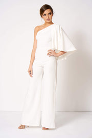 White One Shouldered Cape Sleeve Jumpsuit [product_collection] - Club L London ClubL