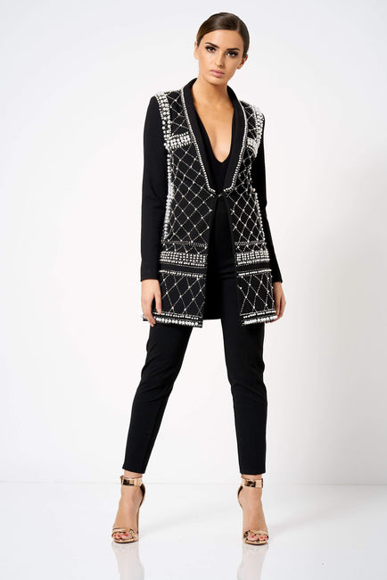 Black Pearl Embellished Long Line Blazer Jacket [product_collection] - Club L London ClubL