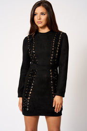 Black Faux Suede Lace Up Mini Bodycon Dress [product_collection] - Club L London ClubL