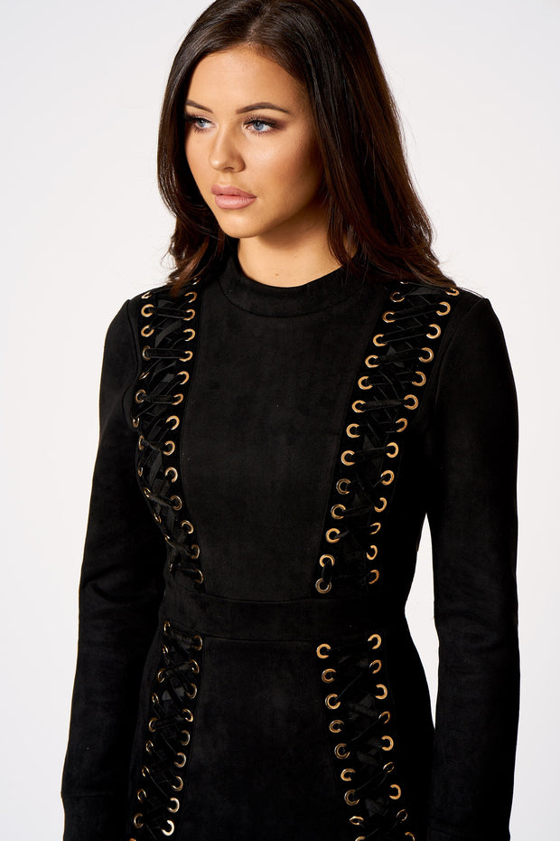 Black Faux Suede Lace Up Mini Bodycon Dress club-l-london-dev Black Faux Suede Lace Up Mini Bodycon Dress club-l-london-dev