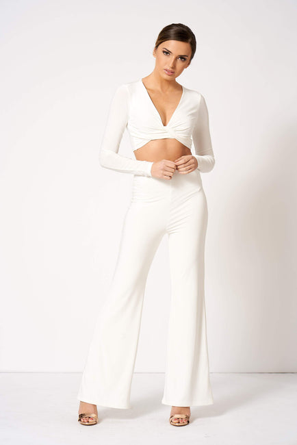 White Slinky High Waisted Flared Trousers [product_collection] - Club L London ClubL