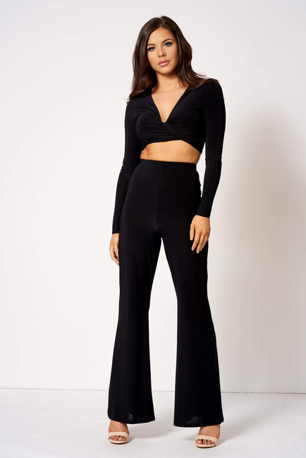 Black Slinky High Waisted Flared Trousers [product_collection] - Club L London ClubL