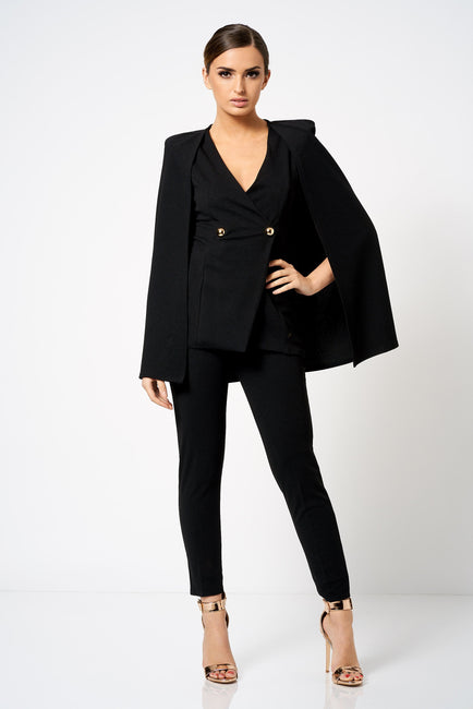 Black Double Breasted Cape Blazer Co-ord - Club L London- Girl Boss suit