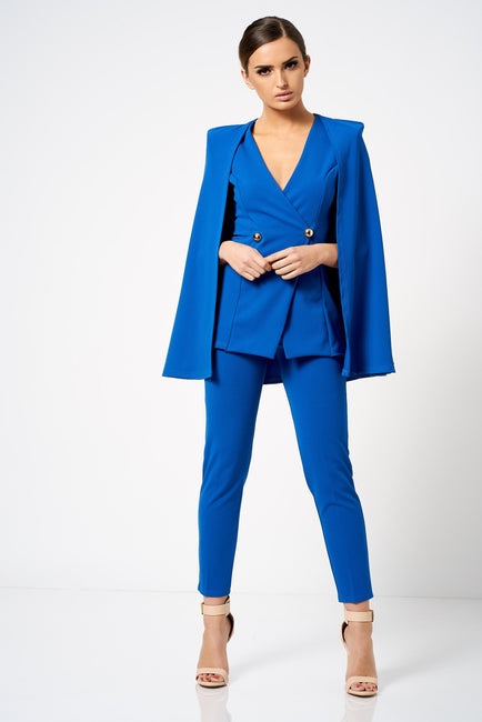 Blue Double Breasted Cape Blazer Co-ord - Club L London Girl Boss suit