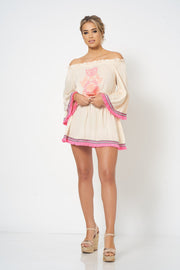 Cream Embroidered Fringe Detail Bardot Kaftan