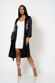 Black Satin Embroidery Duster Coat [product_collection] - Club L London ClubL