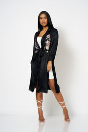 Black Satin Embroidery Duster Coat [product_collection] - Club L London ClubL