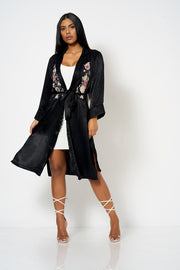 Black Satin Embroidery Duster Coat [product_collection] - Club L London ClubL