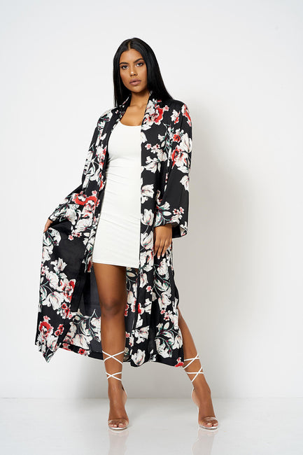 Black Satin Floral Duster Coat [product_collection] - Club L London ClubL