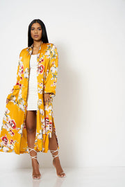Mustard Satin Floral Duster Coat [product_collection] - Club L London ClubL