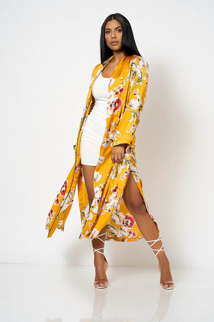 Mustard Satin Floral Duster Coat [product_collection] - Club L London ClubL