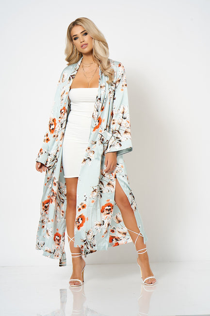 Pastel Blue Satin Floral Duster Coat [product_collection] - Club L London ClubL