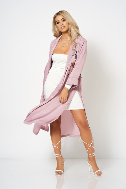 Pink Satin Embroidery Duster Coat [product_collection] - Club L London ClubL