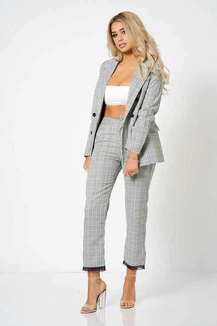 Grey Checked Lace Detail Tailored Co-Ord Trousers [product_collection] - Club L London ClubL