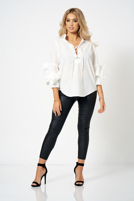 White Lace up Frill Detail Blouse