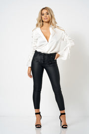 White Satin Ruched Arm Shirt
