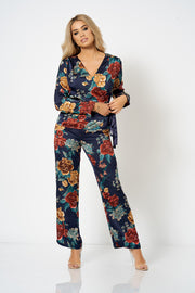 Navy Floral Wide Leg Co-Ord Trousers
