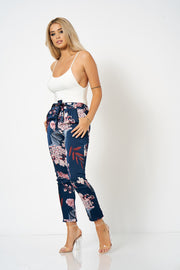 Navy Floral Belted Satin Co-ord Trousers