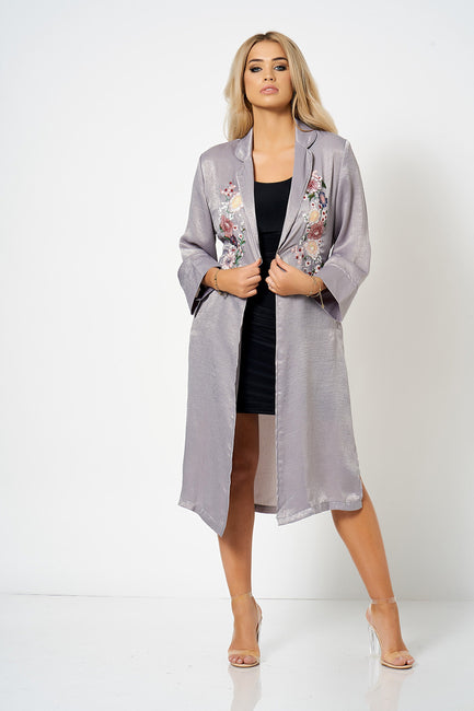 Silver Satin Embroidery Duster Coat [product_collection] - Club L London ClubL