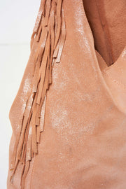 Pink Faux Suede Tassel Slouch Shoulder Bag