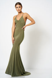 Khaki Cross Back Fishtail Maxi Dress