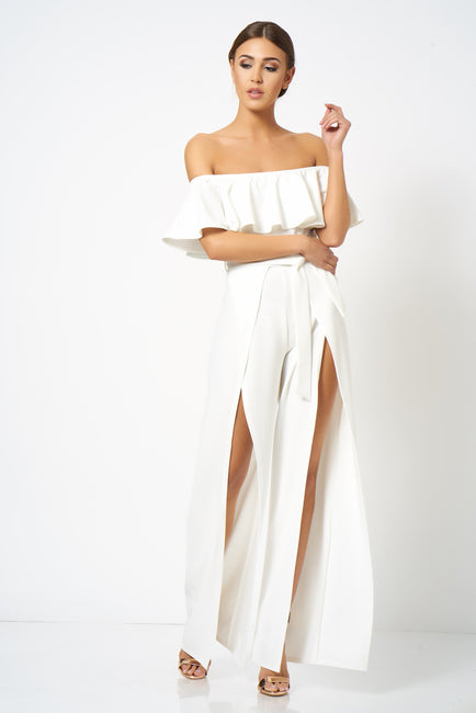 White Bardot Frill Detail Split Leg Jumpsuit