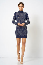 Navy Embellished Palm Bodycon Mini Dress