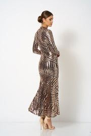 Rose Gold Geo Sequin Fishtail Maxi Dress