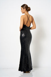 Black Geo Sequin Split Maxi Dress