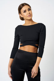 Black Crepe Cross Front Crop Top