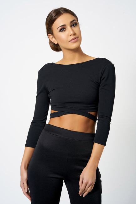 Black Crepe Cross Front Crop Top
