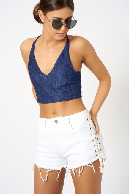 White Lace Up Side Denim Shorts