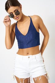 Navy Plunge Cross Back Crop Top