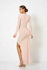 Nude Pink Asymmetric Knot Front Maxi Dress