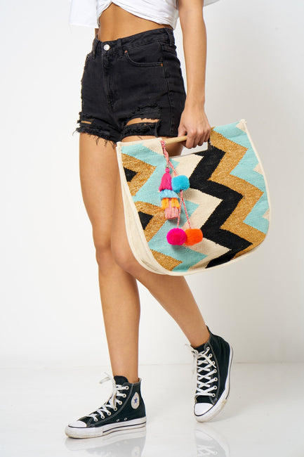 Blue Chevron Pom Pom Beach Bag