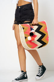 Pink Chevron Pom Pom Beach Bag