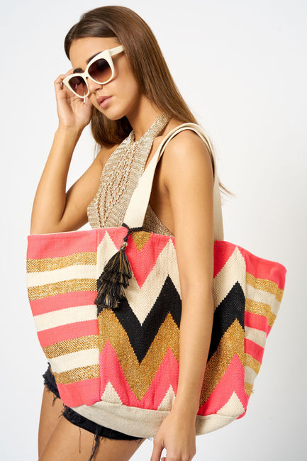 Pink Oversized Chevron Tassel Front Tote Bag