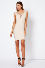 Cream V Neck Lace up Mini Bandage Dress [product_collection] - Club L London ClubL