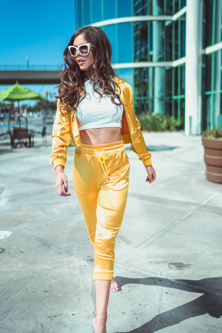 Yellow Satin Co-Ord Tracksuit Joggers [product_collection] - Club L London ClubL