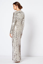 Silver Sequins Wrap Front Maxi Dress
