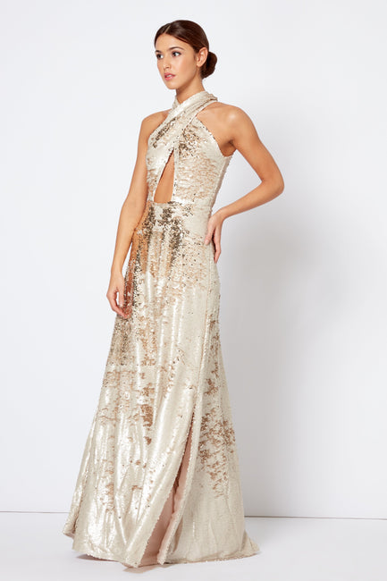 White Gold Cross Over Halter-Neck Maxi Dress [product_collection] - Club L London ClubL