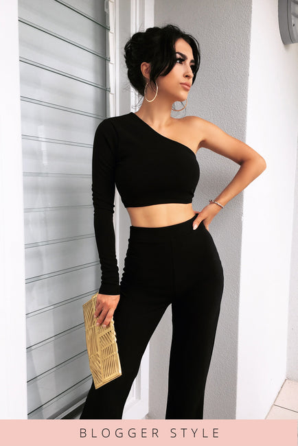 Black One Shouldered Crop Top Co-ord [product_collection] - Club L London ClubL